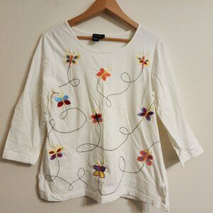 Vtg 90s Jeevan Shirt Cotton 3/4 Slv Top Butterfly Embroidered L Cottagecore